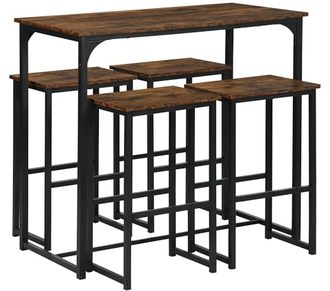GOKHOMX Bartisch mit 4 Hockern, Set hoher Bartisch mit 4 Hockern, Esstisch für Bar, hoch und Hocker, Tisch für Küche und Stühle, platzsparend, für Haus, Küche, Taverne, Braun