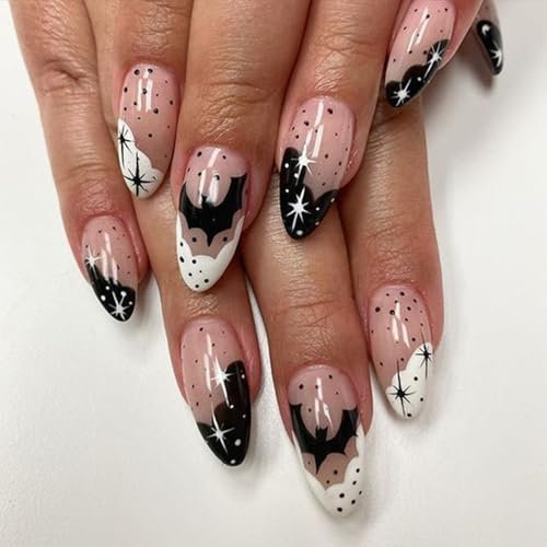 NICENEEDED 24 Stück Künstliche Halloween Nägel Mittelgroße Künstliche Nägel Mandelförmig Zum Aufdrücken von Nägeln Mit Fledermaus Design French Kunstnägel Glänzende Acrylnägel