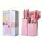 ILYPOP SHOP Set Utensili da Cucina 19 pezzi, Silicone Antiaderente, 5 Coltelli Professionali con Impugnatura ergonomica e Tagliere, Manico in Legno, Termoresistente, Senza BPA (Rosa)