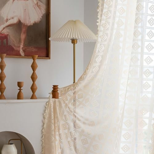 SASIGAYA Vorhänge 2er Set Boho Beige Vintage Vorhang 140×200cm Landhausstil Häkeln Stricken Lichtdurchlässige Gardinen mit Quasten Durchbrochene Gitter Stabtaschenvorhänge für Schlafzimmer Wohnzimmer
