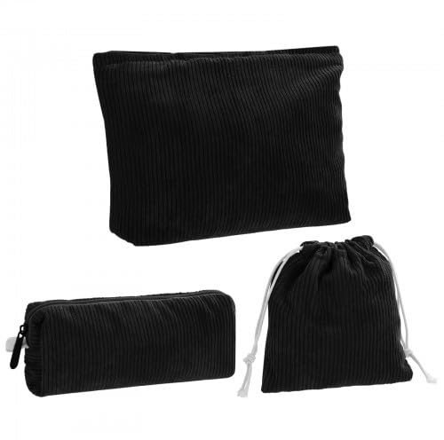 3 Pièces Pochette en Velours Côtelé, Petite Trousse de Maquillage en Tissu, Trousse de Toilette Femme Lot de 3, Trousse de Toilette de Voyage Multifonctionnelle,Sac à Glissière Organiseur (Noir)