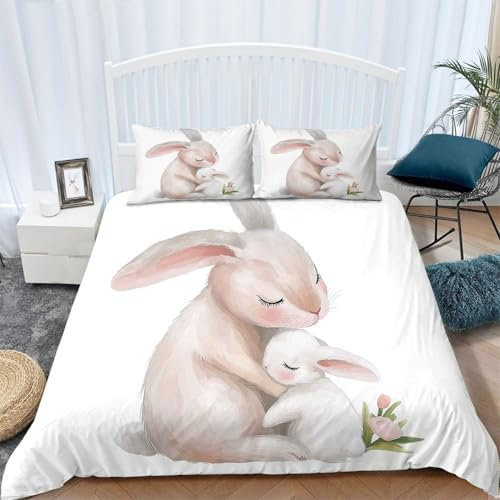 Bettwäsche Set 3D Weiß Bedruckte Bettbezug Aquarell Häschen-Familie Bedruckte Bettwäsche Set Einfache Pflege Polyester mit Reißverschluss 1 Bettbezug und 2 Kissenbezug, 135 x 200 cm