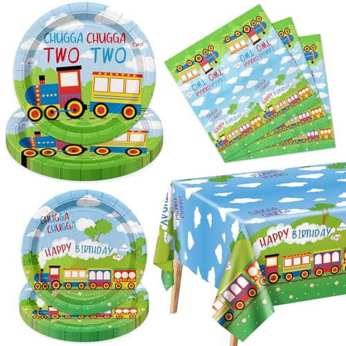 61 decoraciones de tren para segundo cumpleaños, incluyendo platos de papel, servilletas, mantel Chugga Chugga, dos decoraciones de fiesta de cumpleaños para niños, suministros de fiesta de