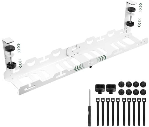 EYPINS No Drill Under Desk Cable Management Tray - 15.7-29.1inch Retractable Under Desk Cable Tidy Tray for Office & Home, Cable Tray Under Desk with 10 Zip Ties & 8 Clips (White)