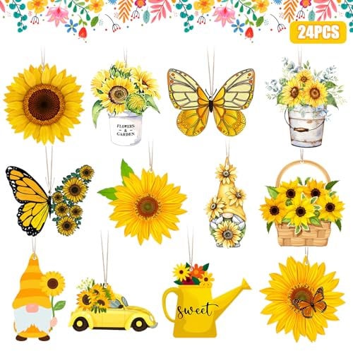 Arosche Summer Tree Decorations Hello Summer Wooden Hanging Tree Ornaments 24Pcs Sunflower Gnomes Farmhouse Wooden Hanging Ornaments for Indoor Home Mantle Fireplace Party Supplies