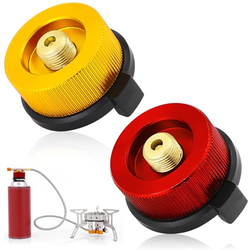 Gas Refill Adapter for Butane Canister, Reusable Stove Connector to Screw Gas Cartridge, Nozzle Bottle Convert Adapter for Camping and Hiking (2Pcs, Yellow & Red)