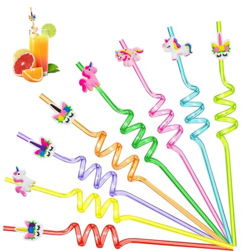 8 Pièce Pailles Enfants Reutilisables, Licorne Straws Spirale, Straws Enfant Colorées, Pailles en Licorne pour les Enfants, pour Jus, Lait, Décorations de Fête D'anniversaire pour Enfant-s