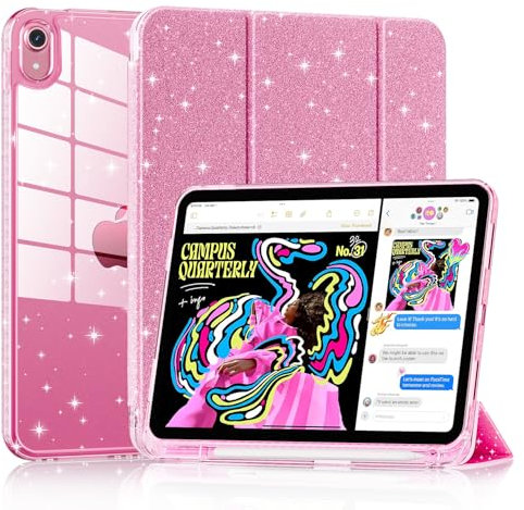 Hülle für iPad (A16) 11./10.Generation (2025/2022), Slim Stand Cover mit Harter, transparenter Rückseite, Unterstützung Touch ID,Auto Schlafen/Wachen (Funkelndes Rosa)