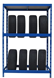 Callidus Baumarkt Schwerlastregal als Reifenregal | für 8 Reifen ✓ 110 cm breit | blau ✓ Werkstattregal Reifenständer Garagenregal (1, 2 Reifen Ebenen + 1 Ablage Ebene)