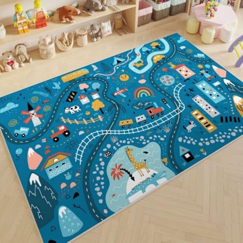 Gaming Teppich für Kinderzimmer Spielzone Zoo Stadtstraße Autobahn Fußballfeld 3D Teppiche Polypropylen Rutschfest Spielzimmer Dekorative Fußmatten Teppich Schlafzimmer Jungen, 120x180 cm, Blau3