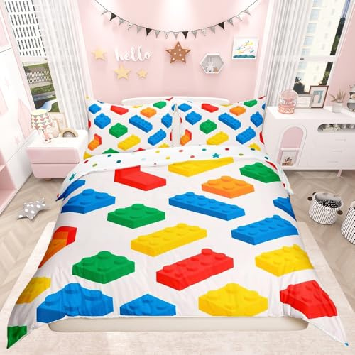 richhome Building Blocks Gaming Duvet Cover for Kids Boys Girls Teens Room Decor Toy Brick Bedding Set Single Size Colorful Comforter Cover Set 2Pcs Zipper