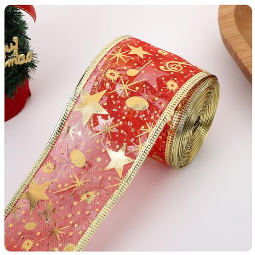 AMateschitz Weihnachtsband Draht 10m Schneeflocken Organzaband Glitzer Geschenkband mit Sternen Weihnachten Dekoband Weihnachten Schleifenband Weihnachtsbaum Band für Handwerk Rot 3.8cm