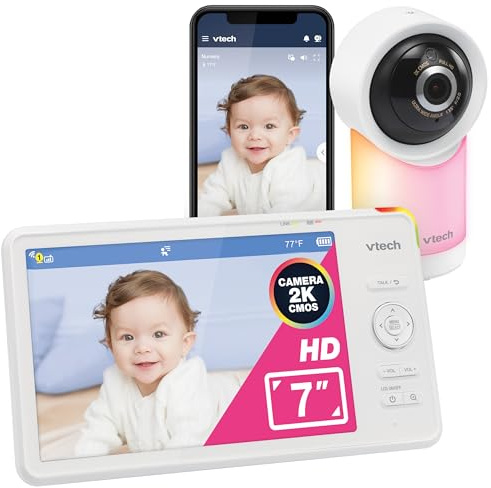 VTech Monitor inteligente de bebé con pantalla HD de 7 pulgadas, cámara HD de 1080p a través de la aplicación, zoom panorámico, luz nocturna, conversación de 2 vías, sensor de video CMOS 2K, visión de