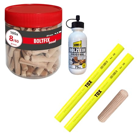 TOX Set con tasselli in legno Boltfix Wood 8/40 in faggio (100 pz in barattolo), 2 matite carpentiere giallo neon, 1 colla legno, set per mobili e giunzioni sicure, 015909002