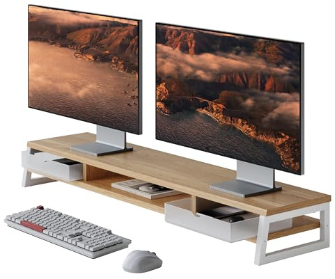 Fenge Supporto per Doppio Monitor con 2 Acrilico Cassetti, Rialzo per Monitor da Scrivania a 2 Livelli, per Monitor in Legno per PC/Laptop/Computer, L108 x W25,5 x H13,8cm (Rovere Scuro)