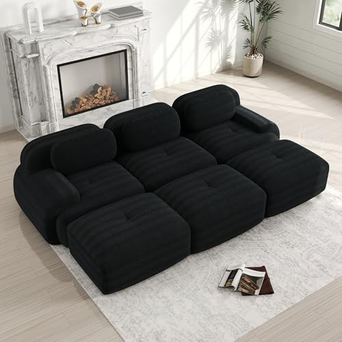 Bladez Modernes 3-Sitzer Cord Sofa Modulares Schlafsofa mit Ottoman Hocker, Ohne Montage, Cloud Polstersofa Couchs kombinierbar, für Wohnzimmer (Schwarz, 3-Sitzer+3)