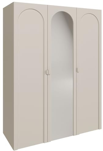 Selsey Dreitüriger Kleiderschrank mit Spiegel – Kaschmir, 150 cm – Eleganter Kleiderschrank für Schlafzimmer oder Kinderzimmer, minimalistisches Design mit bogenförmiger Front
