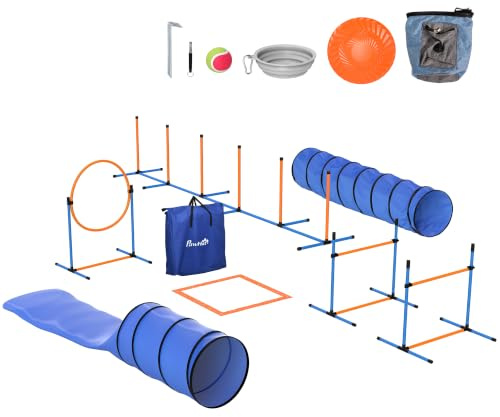 PawHut Ensemble d'Agilité pour Chien 11 Pièces, 2 Tunnels, Anneau, Piquets | Sauts Ajustables, Zone de Pause, Sac pour Friandises, Parcours d'Obstacle Intérieur et Extérieur, Sac de Transport