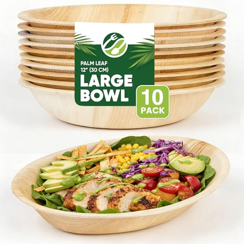 Disposable Palm Leaf Bowls – Pack of 10, 12 (30cm) Large Oval Compostable for Salad, Eco-Friendly, Biodegradable, Heavy-Duty, Microwave & Oven Safe – for Weddings & Parties