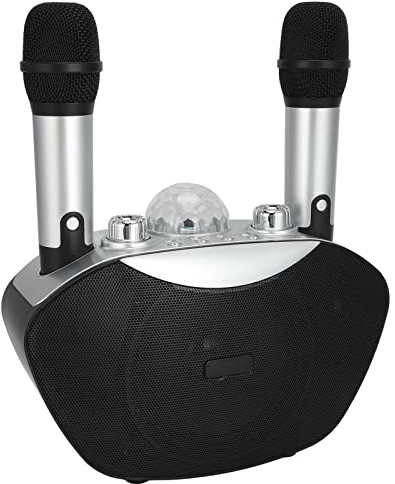 EIMSOAH Outdoor Bluetooth Karaoke Machine Colored Lights Dual Microphones Speaker for Music Recording, ABS Material (S202-Double wheat)