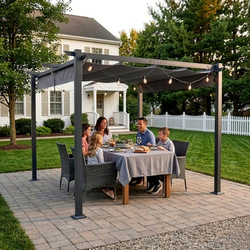 LEADZM Pergola 3x3m Stabil, Freistehende Pavillon,Rostbeständigem Metallrahmen,verstellbarem Schiebedach, Wasserdicht & UV-Schutz,Gartenpavillon für Garten, errasse und Feiern (Anthrazit, 3x3 m)