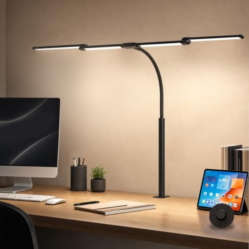 Goeco Doppelkopf Schreibtischlampe LED, 119cm mit Timer und stufenloser Dimmfunktion, Arbeitsplatzleuchte klemmbare, 5 Farben 10 Helligkeitsstufen, für Büroarbeiten, Bastelarbeiten [Energieklasse E]