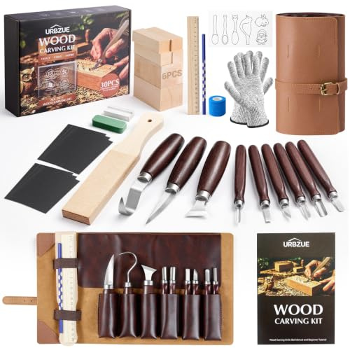URBZUE 30PCS Wood Carving Kit, CV-R Whittling Knife Set with Wood Blocks, Deluxe Woodworking Tools Set with PU Leather Storage Case, Beginner Friendly DIY Craft Kit for Adults & Kids, Gift Idea