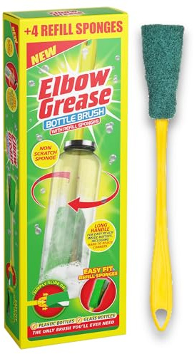 Elbow Grease Bottle Brush Handle & Sponge With 4 Refill Sponges | Non Scratch, Drinks Bottle Cleaning Sponge with Long Handle for Glass & Plastic Bottles