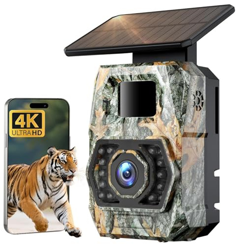 Camfoxd Solar Trail Camera WiFi Bluetooth - 4K 60MP Wildlife Camera With Night Vision Activated 0.1s Trigger Speed, Waterproof IP66, Built-in 5200mAh Rechargeable Battery for Animal Monitoring