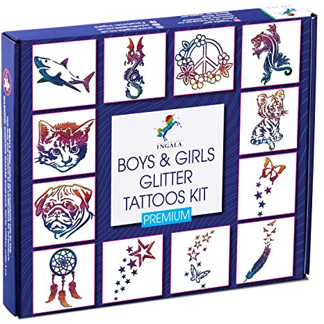 INGALA Premium Glitter Temporary Tattoos Kit for Kids, 74 Unique Stencils, 2 XL Glitter Tattoo Glue, 5-10 Year Old Gifts