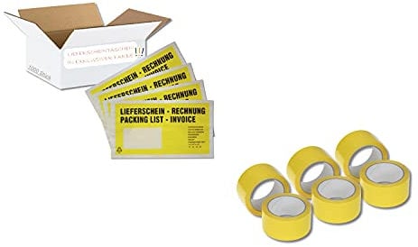 SET = 1000 Versandtaschen + 6 Packbänder - Lieferschein/Rechnung - DIN Lang (Gelb)