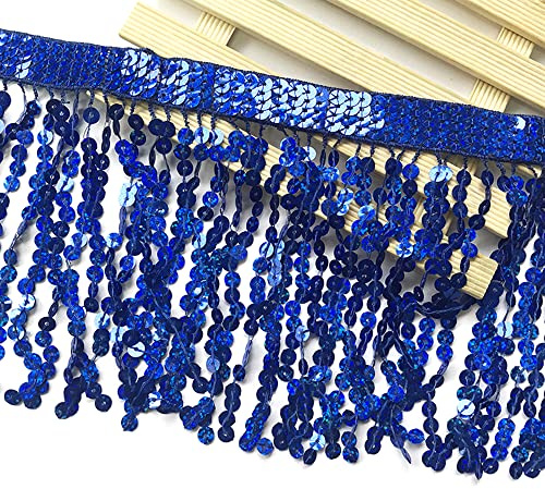 2 Yard 16cm Pailletten Fransen Quaste Fransenborte Fransenband Schnittfranse Dekoband Zierband Dekoborte Tanzfransen Nähzubehör für DIY Basteln Apparel Kleidung,Kostüme,Nähen,Dekoration,Dunkelblau