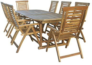 Rattanland | Gartenmöbel Set aus Exotenholz Ascot mit großem Tisch und 8 Ascot-Stühlen Stühle mit 5-Fach Verstellbarer Rückenlehne Massives, extra großes Set
