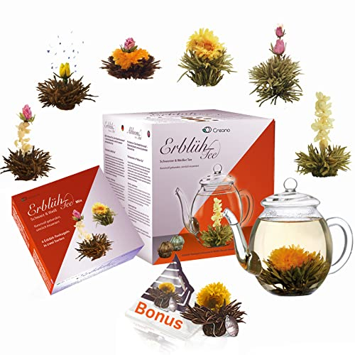 Creano - Set regalo di fiori di tè con teiera in vetro da 500 ml, 6 bustine di tè bianco e nero e 1 sfera bonus di tè nero, 8 pezzi