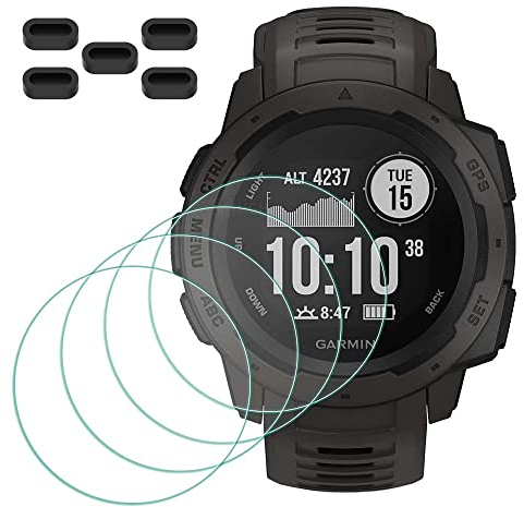 MTHGH Protector de pantalla de cristal templado Compatible con Garmin Instinct/Instinct (Solar) Tactical [4 piezas] + tapones antipolvo 5 piezas, Dureza 9H cubierta protectora ultrafina