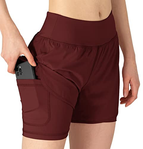 YSENTO Damen Sport Shorts Sommer 2 in 1 Kurze Sport Training Jogging Fitness Lauf Yoga Hose Schnelltrocknende mit Tasche(Wein rot,L)