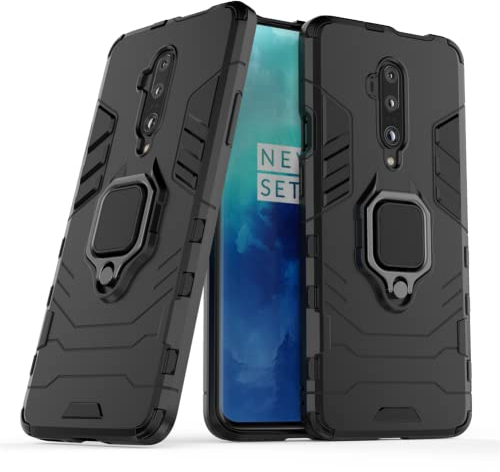 IMEIKONST OnePlus 7T Pro Hülle Plastic Back Cover TPU Bumper Handyhülle 360 Grad Metal Ring Ständer Heavy Duty Militärgrad Schutz Hybrid Stoßfest Case für OnePlus 7 Pro. Schwarz KK