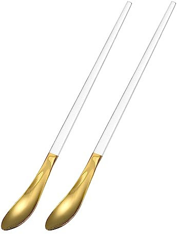 sourcing map Set of 2 Long Handle Spoon, 10-Inch Stainless Steel Ice Cream Spoon Cocktail Stirring Spoons Coffee Spoons for Mixing, Beverage, Coffee (Gold White)