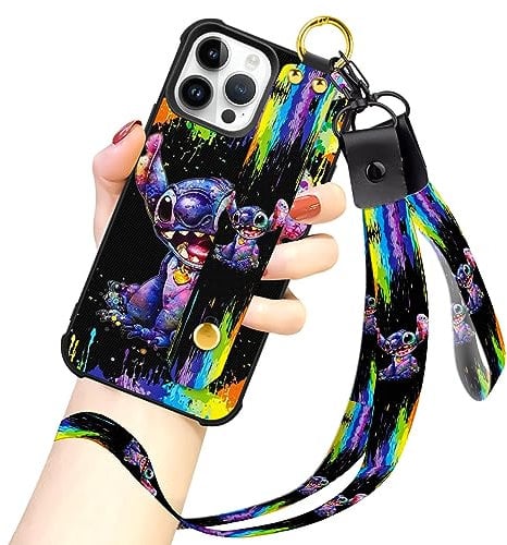 cuwana Cartoon Case for iPhone 15 Pro Max 6.7 in Cute S Colorful Cartoon Character Design with Lanyard Wrist Strap Band Holder Shockproof Protection Bumper Kickstand Cover
