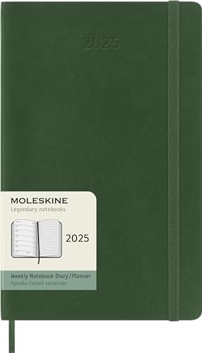 Moleskine Weekly Planner, WochenPlaner mit Platz für Notizen für 12 Monate 2025, Weicher Einband und Elastischer Verschluss, Farbe MyrtenGrün, Großes Format 13x21 cm