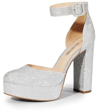 DREAM PAIRS Women's Platform High Chunky Heels Closed Toe Block Ankle Strap Dress Buckle Round Toe Wedding Party Comfortable Pumps Shoes,Size 9.5,Silver-Glitter,SDPU2419W