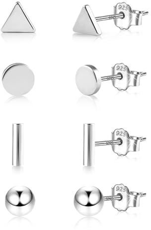 Ohrstecker Kleine Set, ASH'S CHOICE 4 Paar Ohrringe Silber 925 Ohrstecker Damen, Hypoallergenic Schl?fer Knorpel Ohrringe Silber Dreieck Kugel Glitz Ohrstecker Flache Piercing für Damen M?dchen Kind