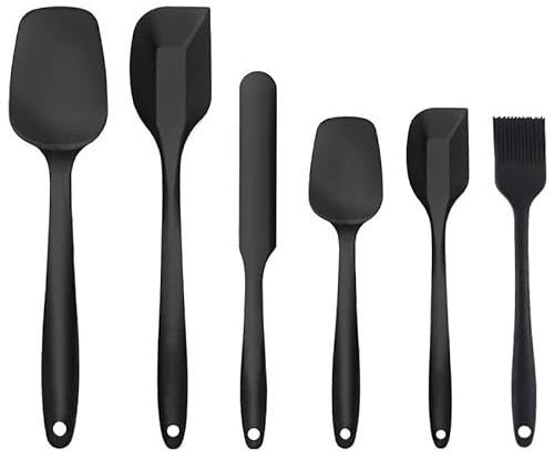 6 Pack Silicone Spatula Set, High Heat-Resistant Premium BPA-Free One Piece Seamless Design, Non-Stick Rubber Cooking/Baking Utensil Set. Black