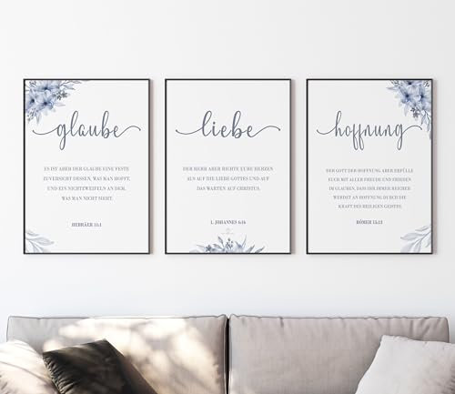 timalo SALT-AND-LIGHT® Christliche Wandbilder Bibelverse Deutsch Poster 3 Stück im 3er Set Wanddeko Wohnzimmer Deko Schlafzimmer | Glaube Liebe Hoffnung blaue Blumen | A4