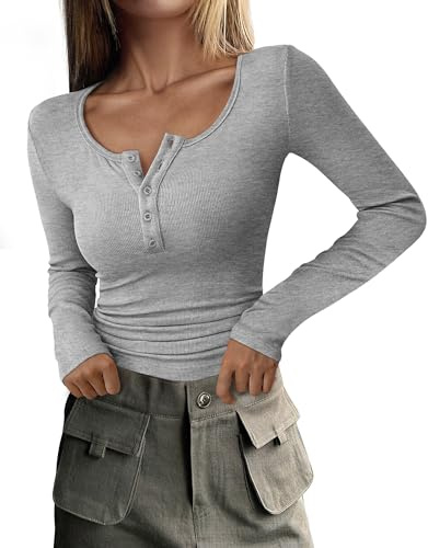 PRETTYGARDEN Women's Fall Long Sleeve Henley T Shirts Grey