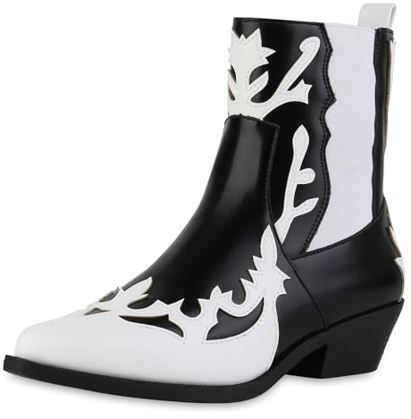 VAN HILL Damen Cowboy Boots Trichterabsatz Holzoptikabsatz Trendy Schuhe 214262 Weiss Schwarz 38