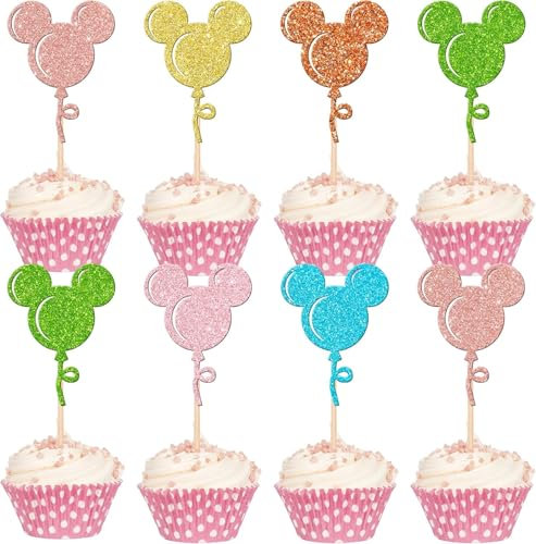 24 Stück Maus inspiriert Tortendeko Glitzer Mehrere Farben Mini Maus Ballon Kuchen Deko für Ballon Maus Thema Hochzeit Baby Dusche Kinder Geburtstag Party Cupcake Toppers Buntes