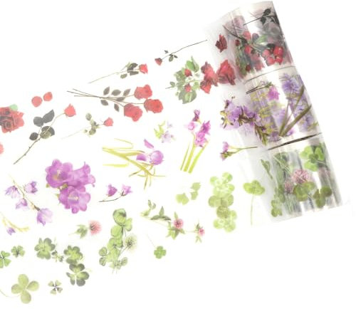 VNNOPG Lot de 3 rouleaux de ruban adhésif en forme de feuilles de fleurs – Autocollants transparents imperméables, autocollants floraux vintage prédécoupés, rubans décoratifs transparents en PET pour