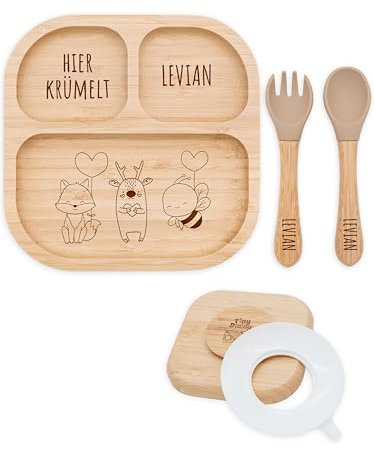 Bärenfreunde® - Personalisierter Teller Mit Saugnapf - Praktisches Beikost Zubehör Mit Namen - Baby Teller Rutschfest - Personalisierte Geschenke (Fuchs Elch Biene)