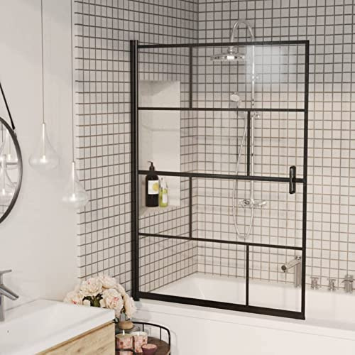 IKAYAA Mamparas de Bañera 100 x 140 cm Biombo de Baño Mampara Bañera Abatible de Vidrio Templado Negro